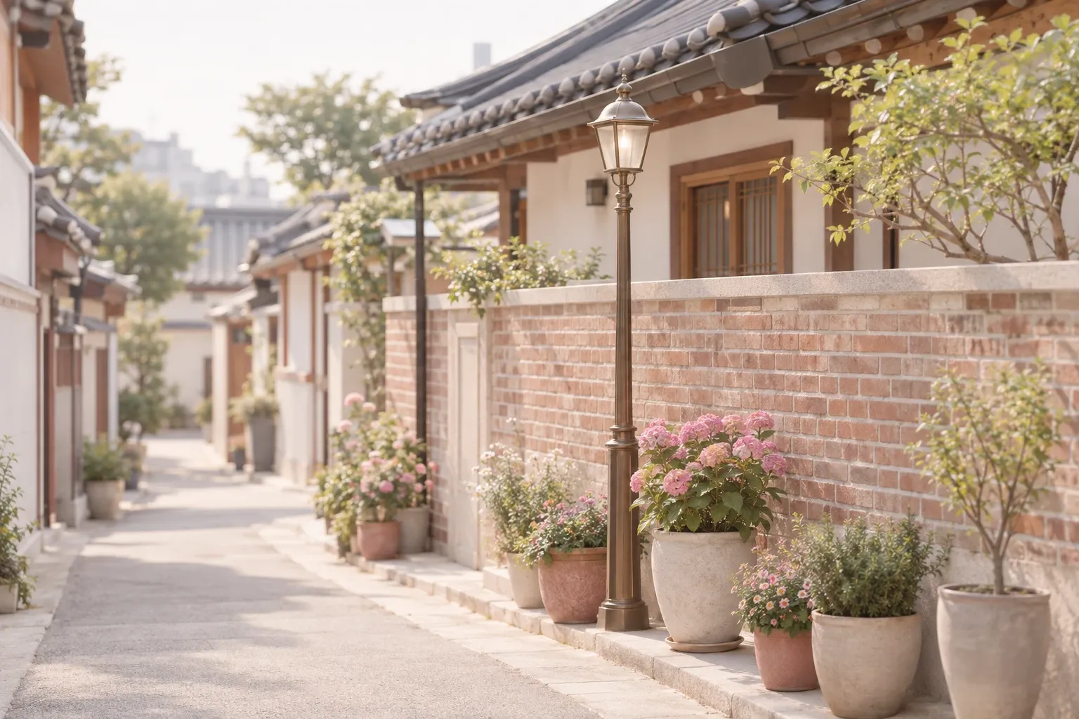 저층 주택가 골목과 담장 위 화분, 부드러운 아침 빛
